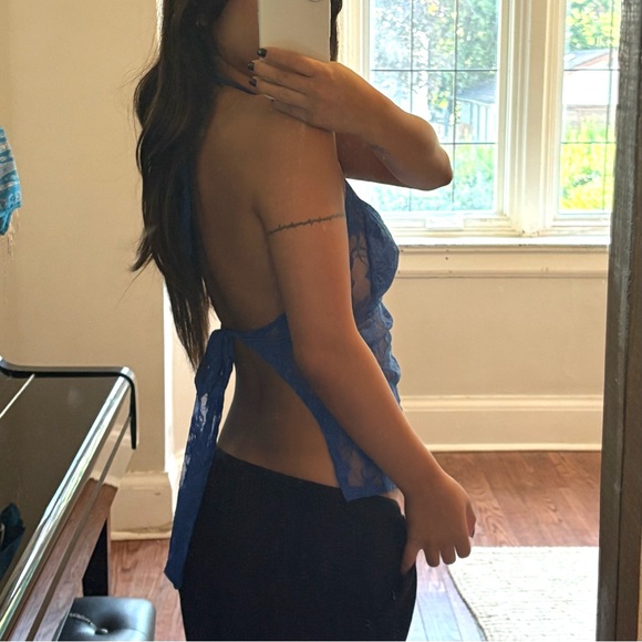 Handmade Blue Lace Halter Top with Tie Back - Picture 2 of 4